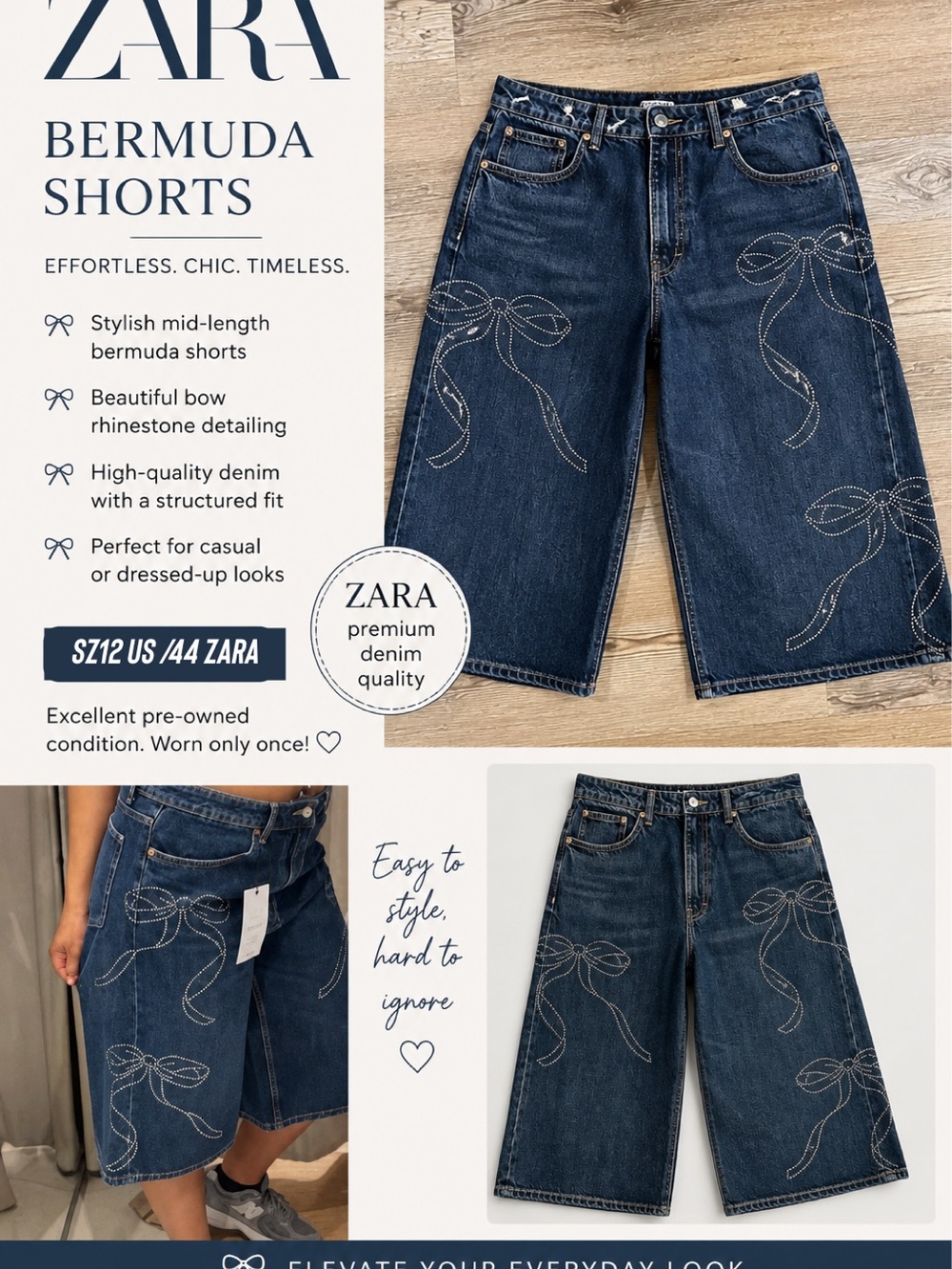 ZARA Dark Indigo Denim Bermuda Shorts with Embroidered Bow Detail